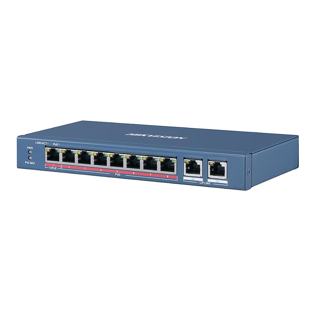 Switch PoE 100Mbps 8 puertos 7P PoE 300m + 1P Hi-PoE 2P RJ45 Gigabit No gestionable Hikvision