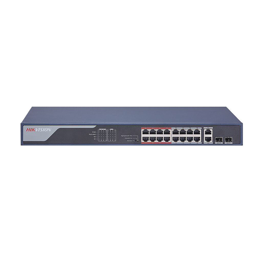 Hikvision 16-Port 100 Mbps Long-Range Unmanaged PoE Switch , 2 × 1000 Mbps RJ45 port,  and 2 × 1000 Mbps SFP  uplink port, 230W