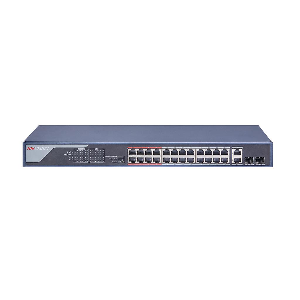 Switch Hikvision 24 ports PoE 10/100M RJ45, 2 ports Gigabit RJ45, 2 ports Gigabit SFP, 370W