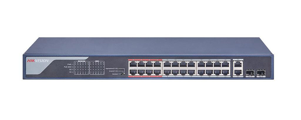 Switch Hikvision 24 puertos PoE 10/100M RJ45, 2 puertos Gigabit RJ45, 2 puertos Gigabit SFP, 370W