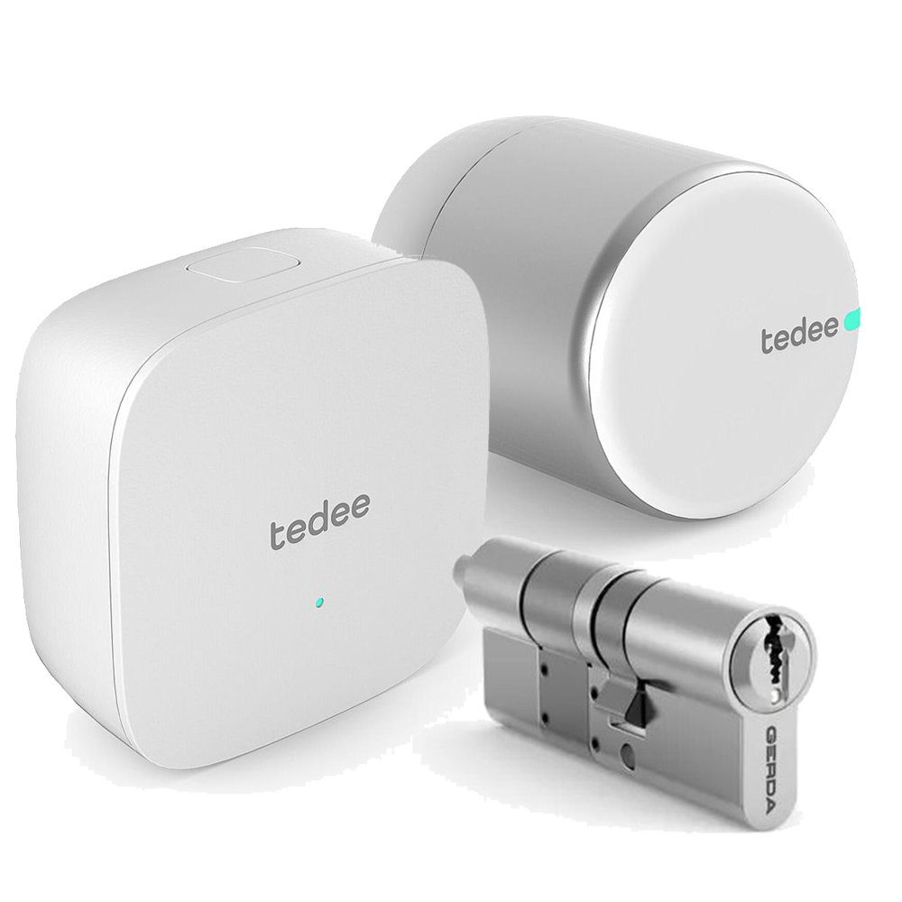 Cerradura inteligente Tedee PRO Plata + Cilindro Bombillo Gerda Doble Embrague + Brigde Wi-Fi