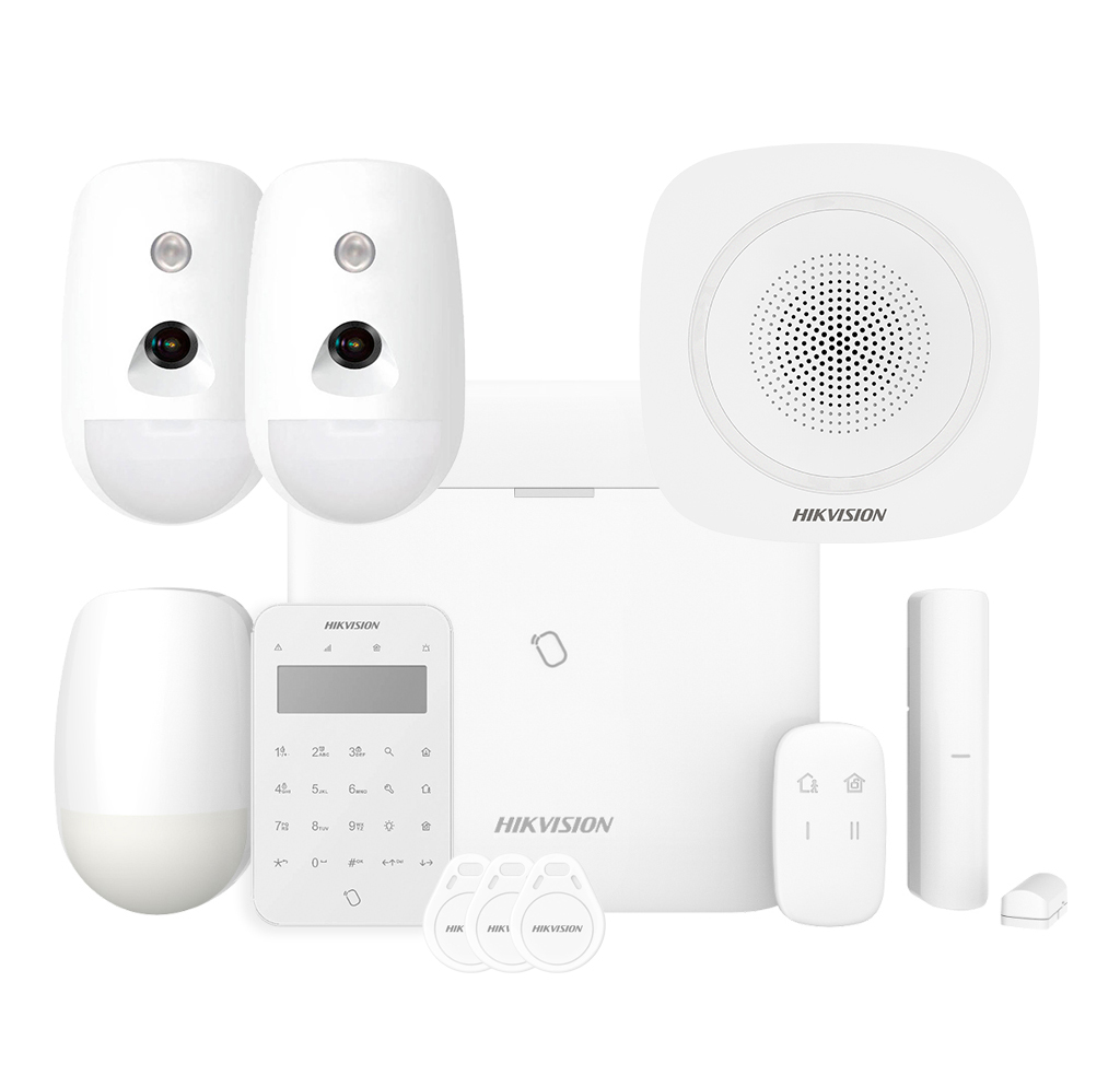 Kit AXPRO 868MHz 96 zonas Hikvision Panel + 2 PIRCAM + PIR + Mando + Teclado + Contacto + Sirena