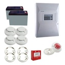 [KIT UNIPOS 4] Kit Incendie Unipos 4 Zones. Centrales + 1 Bouton Poussoir + 4 Dét. avec Socle + 1 Sirène + 2 Bat